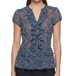 Vintage Express Sheer Blue Floral Ruffle Blouse Y2K Boho Peplum Short Sleeve L